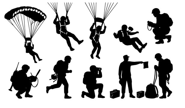 Paratrooper Silhouette Collection with Jumping Landing and Tactical Action Poses