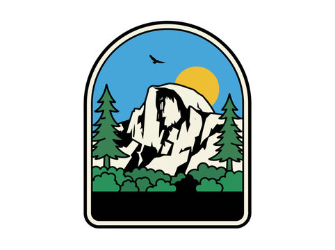 Vintage Mountain Badge Illustration, Retro Yosemite National Park Half Dome Design with Sun and Pine Trees