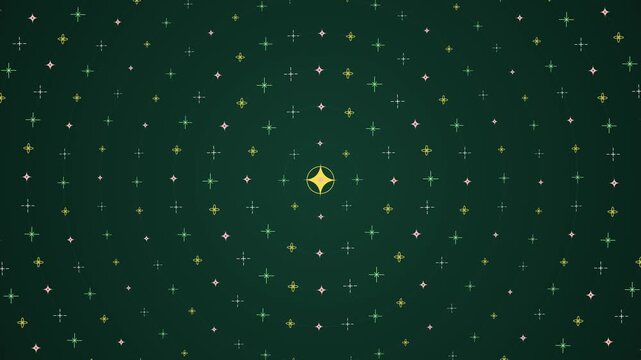 Abstract dark green background with spinning concentric circles of retro atomic stars. This seamless vintage astrolabe motion graphic loop is perfect for creative retro video designs.