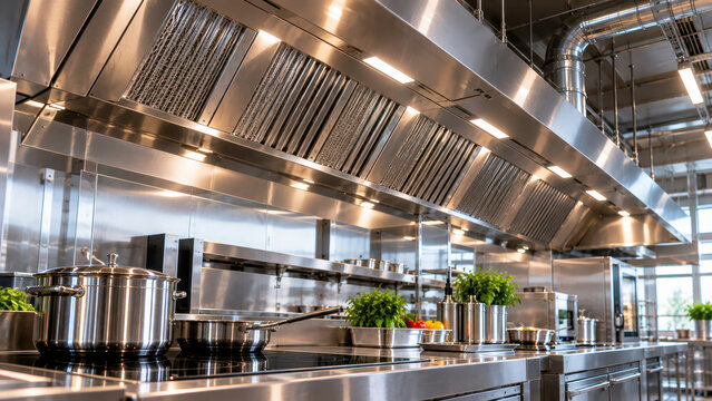Commercial kitchen electrification stainless steel cooking hood modern restaurant kitchen industrial cooktop ventilation system