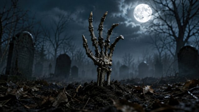 Skeleton hand rising from ground in dark misty graveyard at night. Zombie hand emerging from grave under full moon. Spooky Halloween horror scene with tombstones and dead trees.