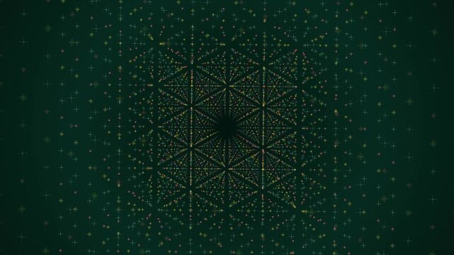Abstract dark green background with a 3D retro atomic star hyperspace tunnel. This seamless vintage motion graphic loop is perfect for creative sci-fi space video designs.