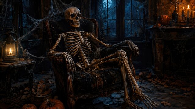 Human skeleton sitting in old armchair in dark abandoned house with cobwebs, candles, lantern and pumpkins. Spooky horror scene with creepy atmosphere.