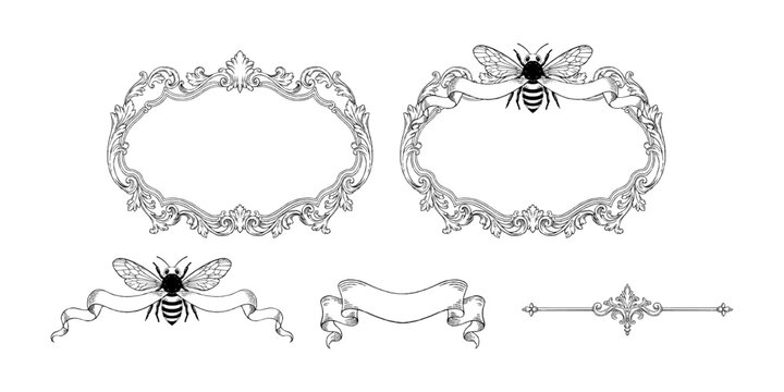 An ornate rococo oval frame set with a honey bee crest, ribbon banners and a filigree divider, hand drawn engraving line art for labels and invitations