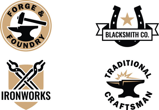 Vintage blacksmith logo set, industrial forge and foundry emblems, 4 traditional ironworks vector icons for metal craftsmanship branding