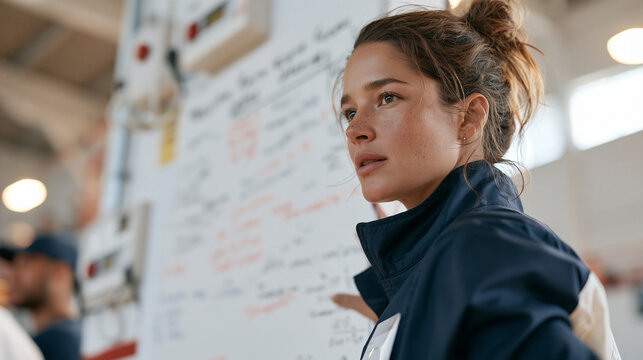 Sports nutritionist at a crowded sports hall listening closely for a faint creak in a wall mounted equipment panel, a whiteboard densely covered in macro intake calculations just