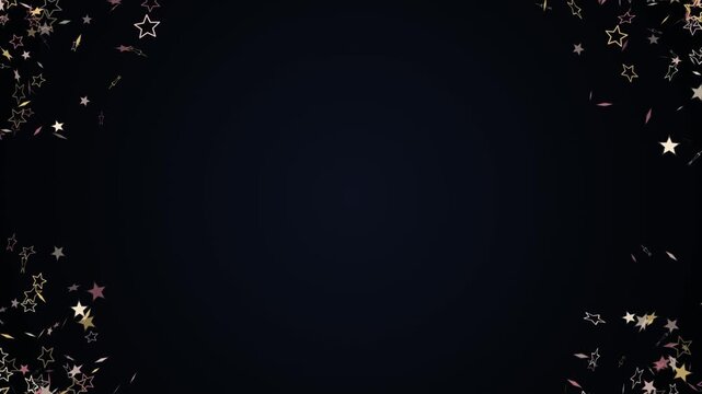 Abstract dark background with spinning gold and rose gold star outlines on the edges. This seamless motion graphic loop is perfect for elegant festive holiday video designs.