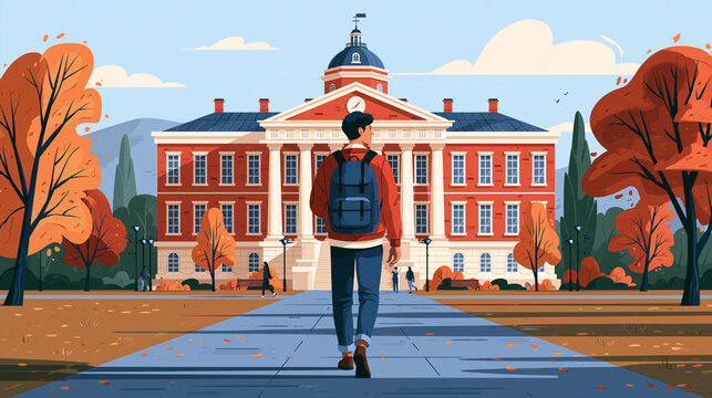 A male student with a backpack walking towards a classic brick university building in autumn. Perfect for educational marketing and college life themes.