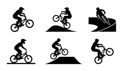 Fototapeta premium BMX Bike Silhouettes, Extreme Sports Action, Bicycle Rider Poses, Vector Graphics Set