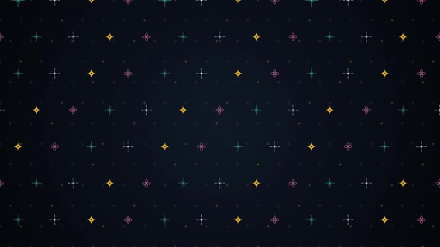Abstract dark background with a twinkling cosmic pattern of colorful geometric stars. This seamless atomic motion graphic loop is perfect for retro space video designs.