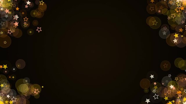 Abstract dark background with floating golden stars and cinematic circular bokeh on the edges. This seamless motion graphic loop is perfect for elegant festive video designs.