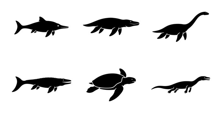 Prehistoric Sea Creatures Vector Icons, Marine Reptiles and Dinosaurs Silhouettes Collection