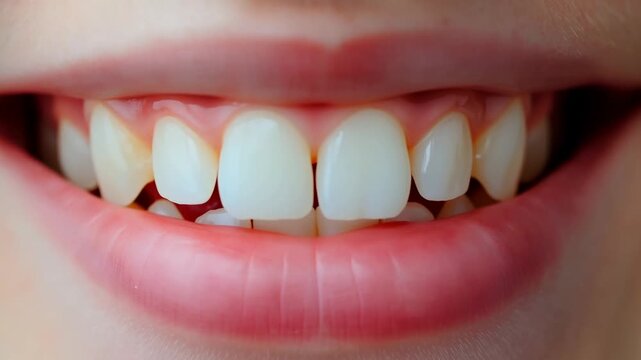 Close Up of Glossy Pink Lips Slightly Parted to Reveal Front Teeth