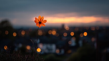 Fototapeta premium Vibrant orange cosmos flower standing tall against a blurred city skyline at twilight captured with soft cinematic bokeh light effects