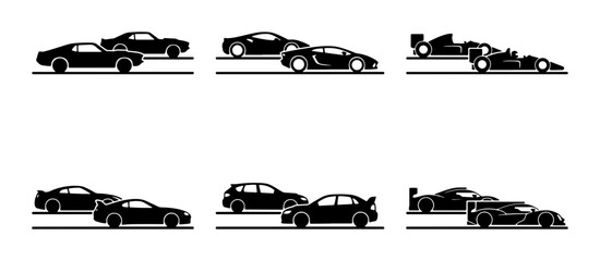 Obraz premium Black Silhouette Sports Cars, Racing Vehicles, and SUVs on Road Vector Icons Set