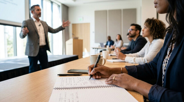 Business conference, speaker presenting to attentive audience, note-taking