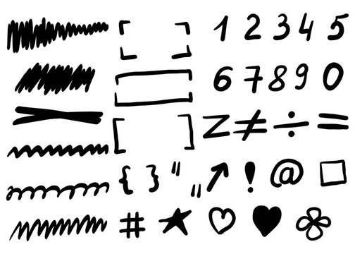 Set of hand drawn pencil circle frames, numbers, and brackets doodle icons. Line art sketch illustrations of round borders and digits isolated on white background.