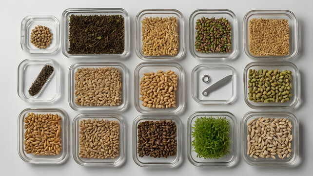 Set of square glass spice containers filled with colorful organic herbal powders.