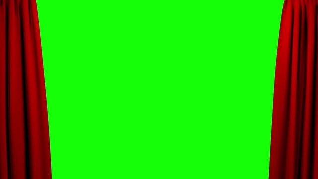 Animated pink hearts and confetti falling down with red curtains and green screen background for celebrations