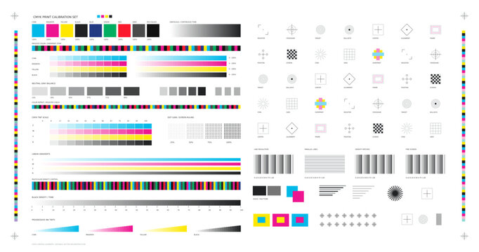 CMYK print test page with registration marks, color calibration bars for offset printing, technical vector template