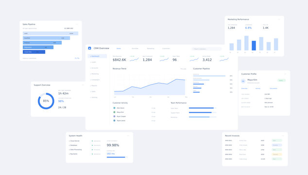 Minimalist UI dashboard vector template, clean blue business analytics interface, modern financial data visualization charts