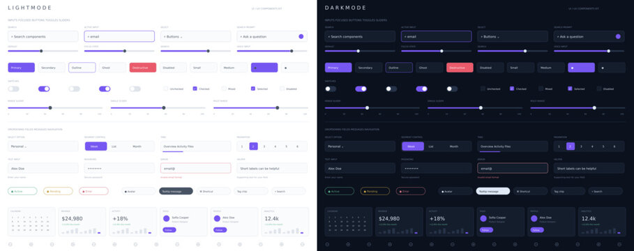Modern UI kit with light and dark mode, dashboard user interface elements, web design components vector