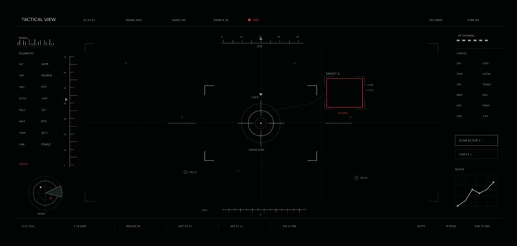 Futuristic HUD interface vector, tactical military screen display, sci-fi radar and aiming target UI template