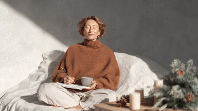 Woman relaxing with coffee and journal in cozy winter setting