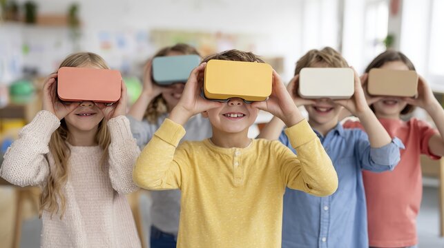 Children enjoying virtual reality experience in classroom setting