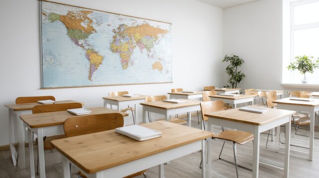 Empty classroom with world map and wooden desks in bright light