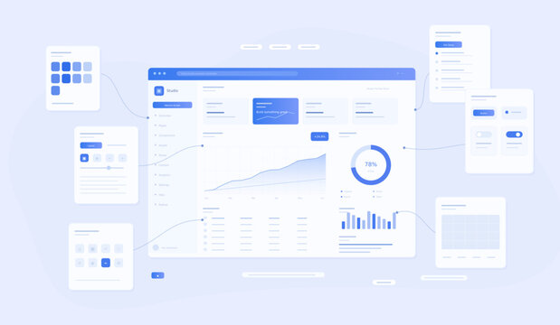 Modern UI design system kit, blue dashboard interface template, web usability wireframe elements for software development
