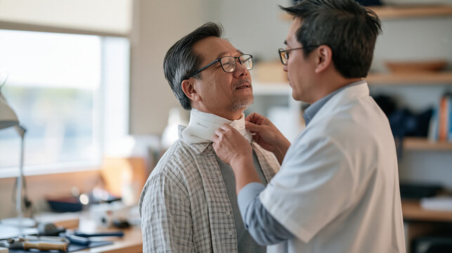 Vietnamese orthotist adjusting custom thermoplastic rigid cervical orthosis on standing adult male patient in prosthetics and orthotics clinic, precise fitting process,
