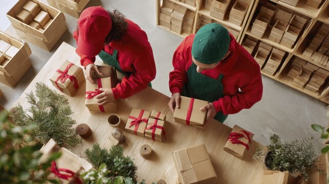 Workers in red uniforms packaging holiday gifts in a festive environment