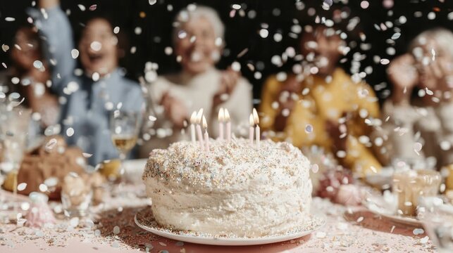 Festive birthday celebration with cake, candles, and colorful confetti among family and friends
