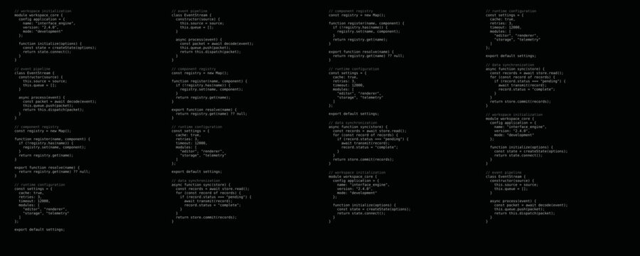 Programming code on black background, software development vector background, computer screen with html and css coding