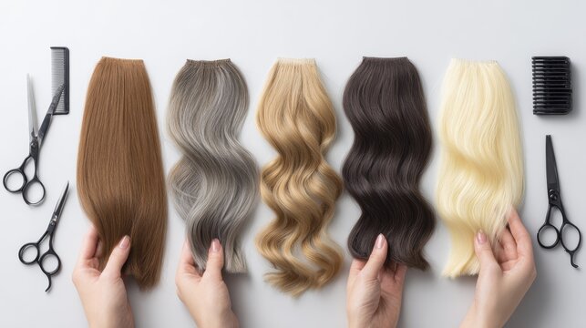 Variety of hair extensions displayed with scissors and combs in diverse colors and textures
