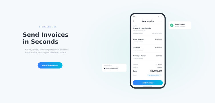 Mobile invoicing app interface vector, digital invoice template on smartphone screen, online payment and billing concept banner