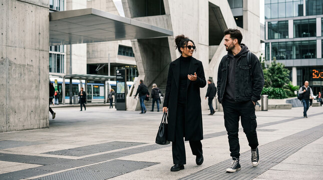 Stylish couple walking confidently in modern urban city perfect for urban lifestyle concepts contemporary fashion editorials and luxury living