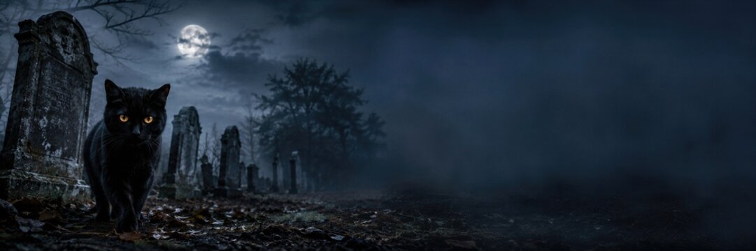 Black cat with glowing orange eyes walking through dark misty graveyard at night. Full moon over old tombstones and bare trees. Banner with copy space