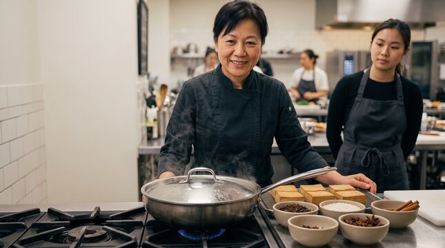 Chinese tea smoked tofu class, chef teaching covered pan technique, vertical plant based workshop with copy space