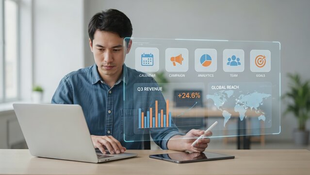 Young man working on laptop with holographic business analytics dashboard showing revenue growth and global reach in a bright office