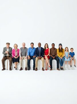 Large Diverse Group of Multi-generational and Multi-ethnic People Sitting Together in a Row on White Background