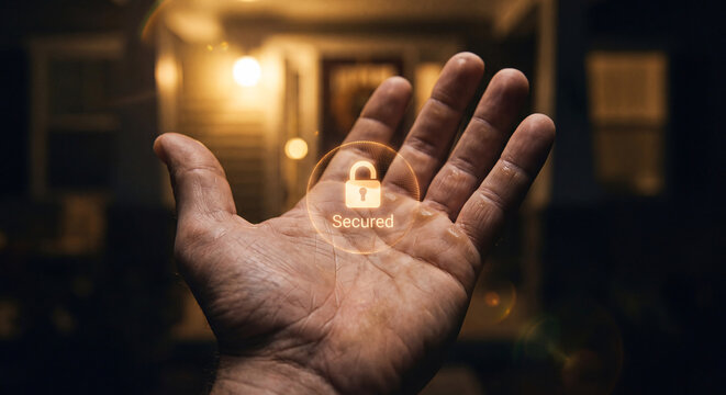 open palm holds glowing padlock security hologram at night to verify home lock status, confirm secured entry, manage smart security