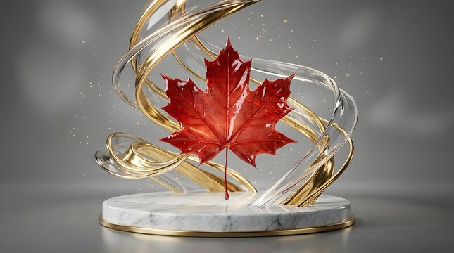 A glossy red maple leaf standing on a white marble pedestal surrounded by elegant swirling gold and transparent ribbons against a soft grey background