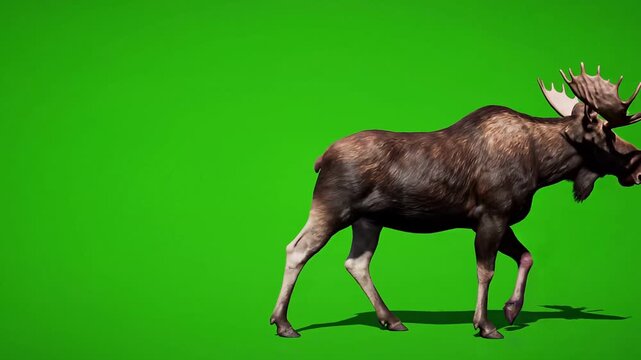 Male Bull Moose Walking across Green Screen Keying Background