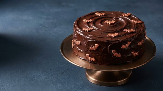 Dark chocolate frosted cake with edible bronze bat decorations, elegant Halloween dessert displayed on vintage metallic pedestal serving platter