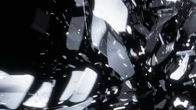 Dynamic glowing text animation breaking through cracked glass surface with shattering fragments flying with red laser line cuts across surface