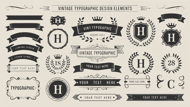 A vintage style typographic design elements collection featuring ornate ribbons labels and frames