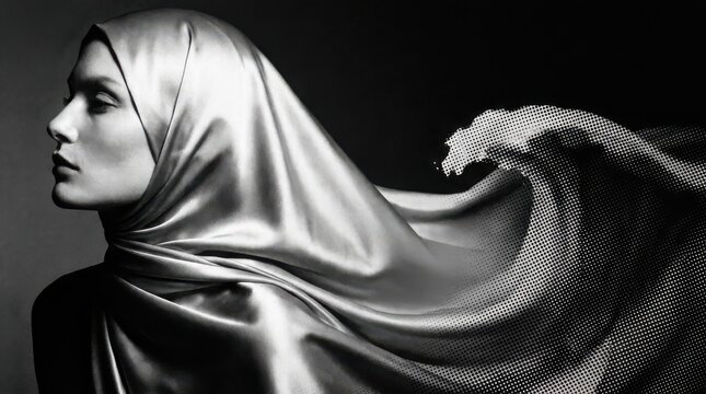 Woman wearing a hijab with flowing satin fabric and halftone art effect