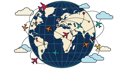 Global Aviation Network and Flight Routes on World Map Illustration © Duruk